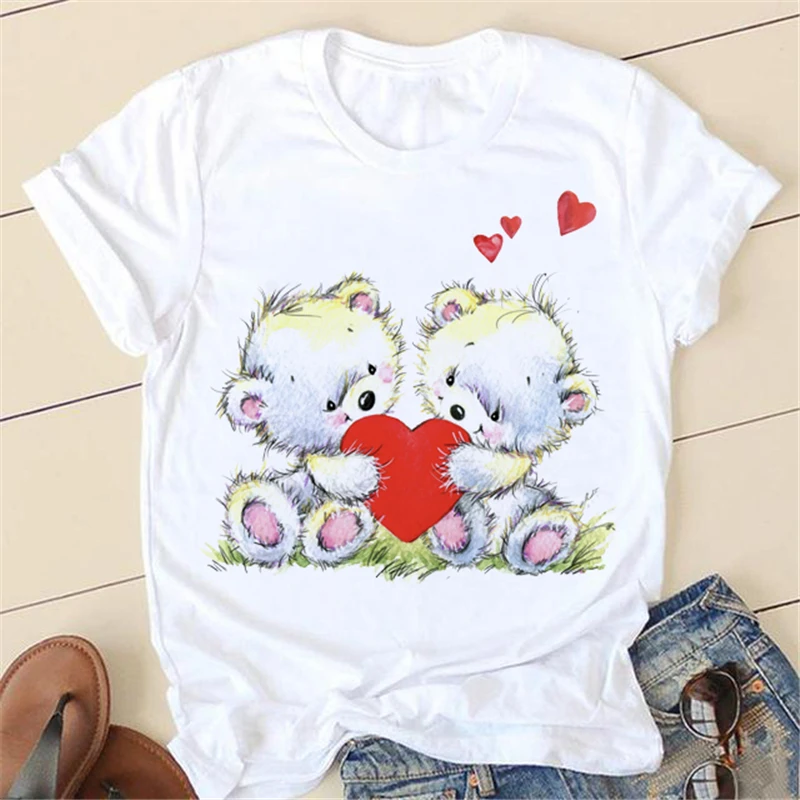 

Женская футболка Kawaii Bear Love, милая одежда, Женский Повседневный Топ с коротким рукавом, модная летняя футболка, Весенняя женская футболка с г...