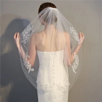 one layer mid length lace appliques wedding veil with comb white ivory beaded bridal veil voile de mariee