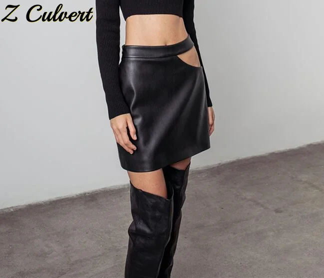 

Z Culvert 2021 winter spring Fashion Sexy Solid Hollow Out High waist pack hip PU Patchwork Street Style Women's skirt Tight