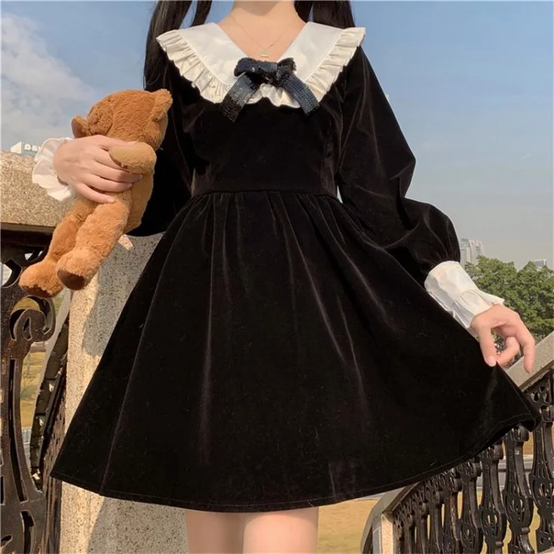 

Милое мягкое платье в японском стиле для девочек милое кружевное платье с рукавами-фонариками и бантом в стиле Питера Пэна винтажное вельве...