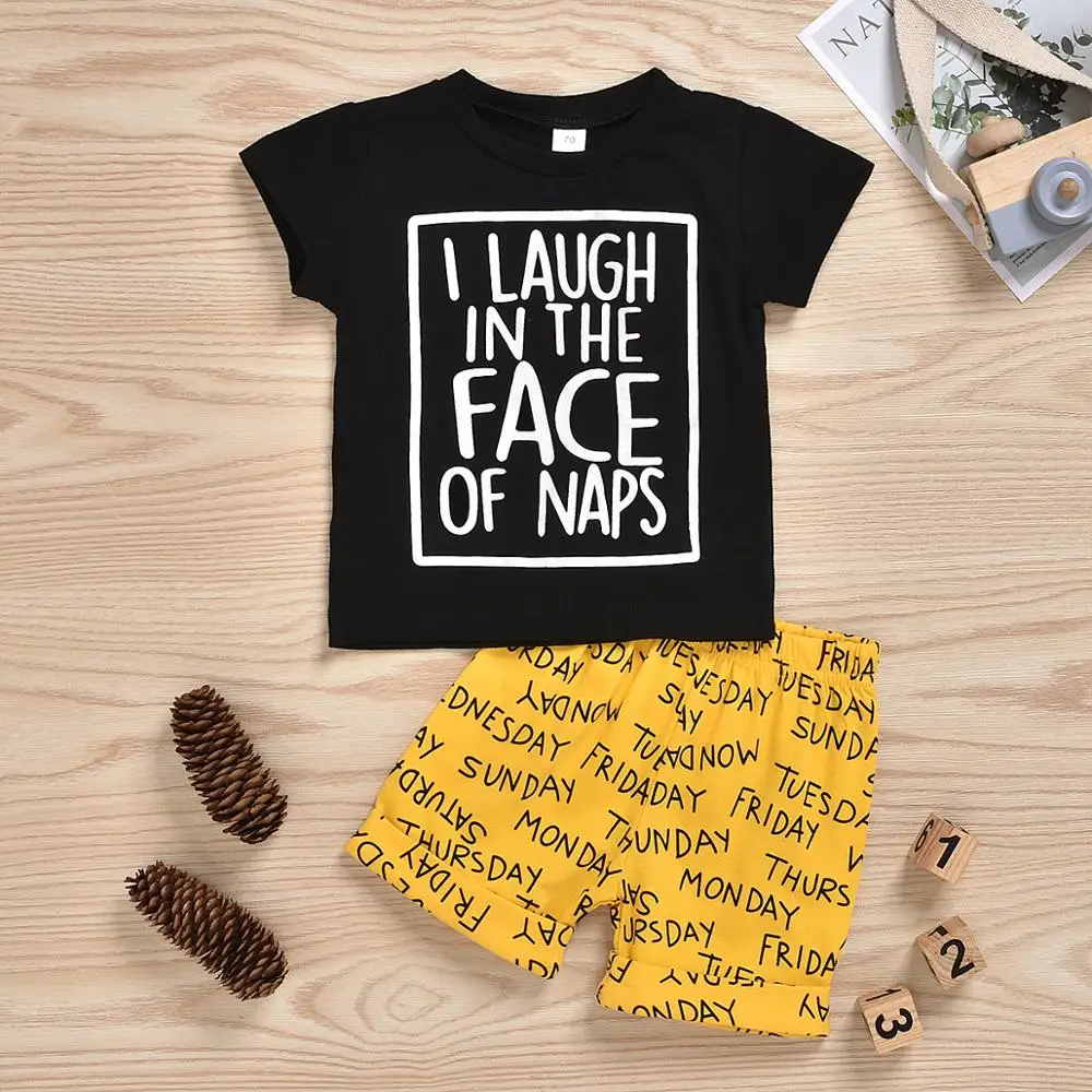 Toddler Kid Infant Baby Boy T-shirt Tops+yellow Letter Pants Outfit Summer Holiday Clothes | Детская одежда и обувь
