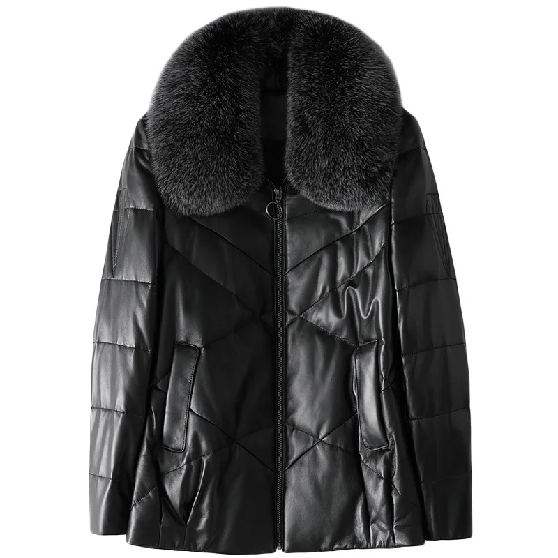 2021 Winter Genuine Leather Sheep Skin Duck Down Jacket Fox Hair Collar Overcoat Female Thick Warm High Quality Black Clothing