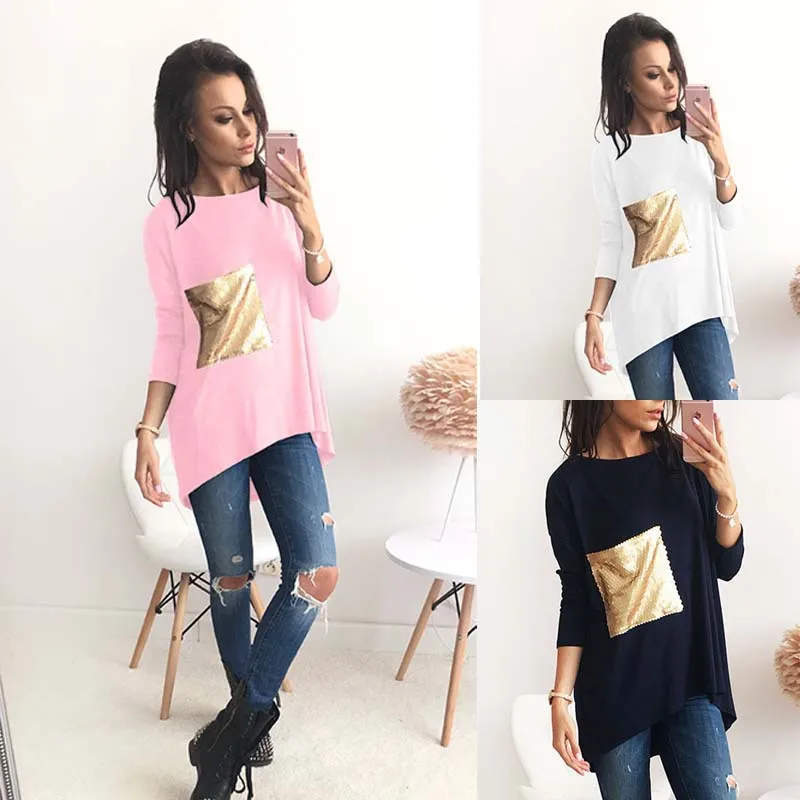 3 цвета топы осенняя Асимметричная туника для девочек рубашка с круглым вырезом