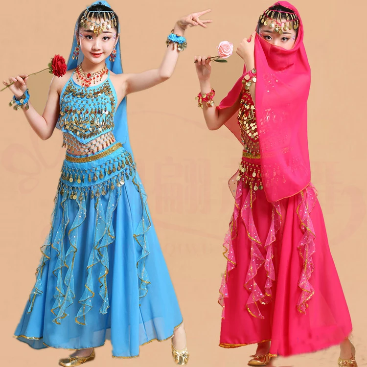 5pcs Kid Belly Dancing Costumes Set Top Shirt+Head Scarf +Bracelet+Waist Chain+Skirts Stage Performance Girls Outfits 4-10T | Детская