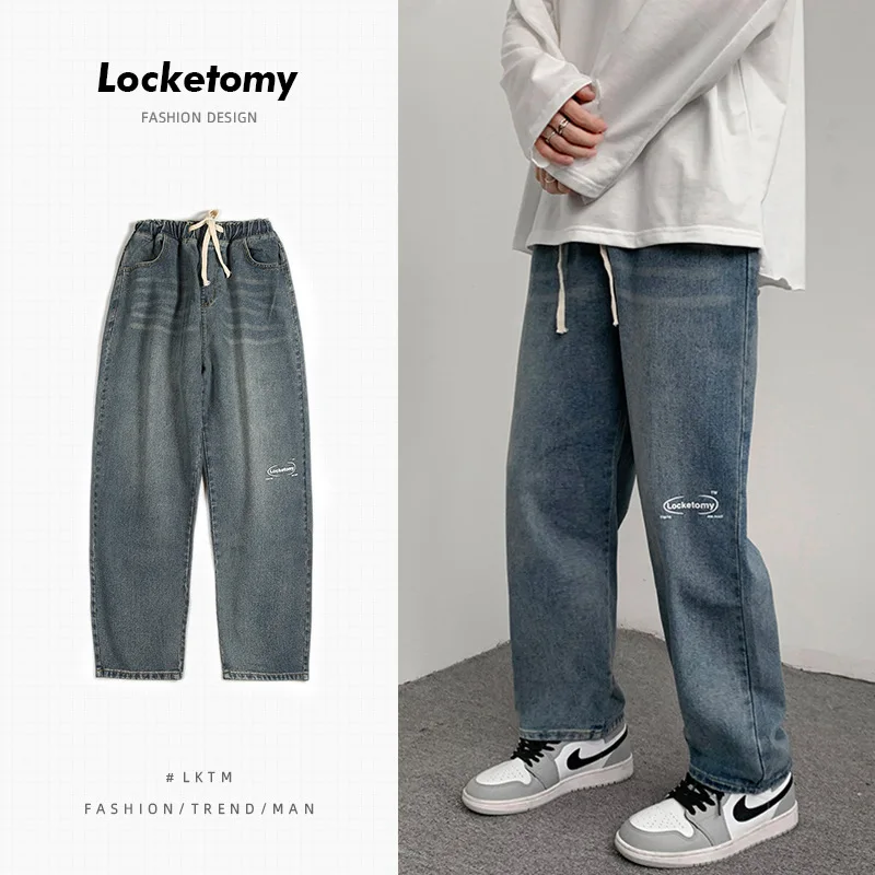 

Новые мужские свободные джинсы с эластичным поясом, модные брендовые прямые широкие брюки в стиле ретро, уличная одежда в стиле хип-хоп, муж...