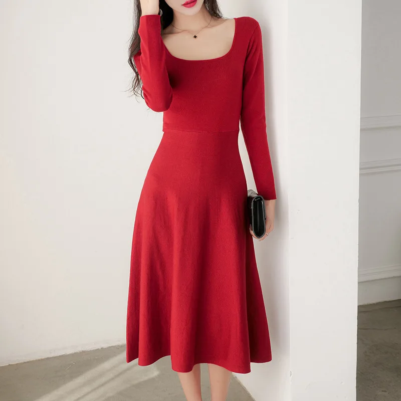 

Women's Autumn Winter Mid-calf Red Evening Party Sweater Dresses Fashion Square Neck Pink Long Elegant Pleated Knitted Dress