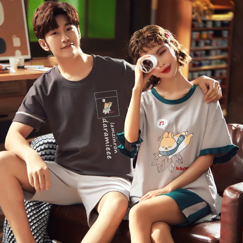 2 Pcs Pyjama Women Clothes Female Summer Men's Short-sleeved Shorts Girl Cartoon Can Wear A Home Couple Pajamas Service Suit