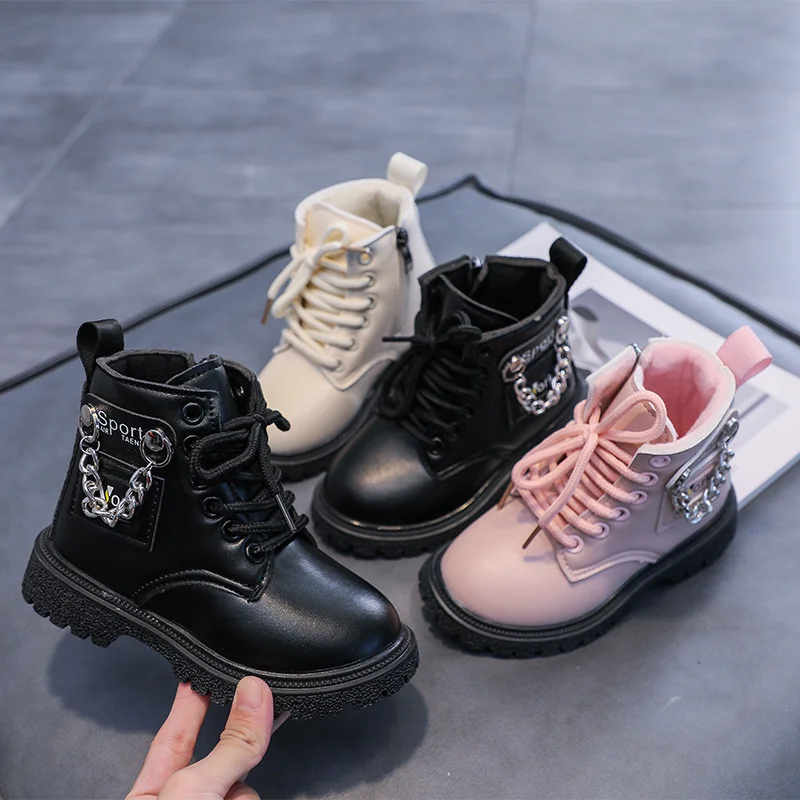 

Autumn Winter Chain Solid Children's Boots Warm Plush Ankle Shoes For Girls Boys British Non Slip Zip Kids Fashion Boots