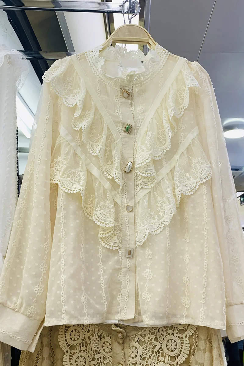 

2021 Women Spring Stand Collar Double Ruffles Patchwork White Loose Shirt Top Lady Single-Breasted Various Buttons Blouse