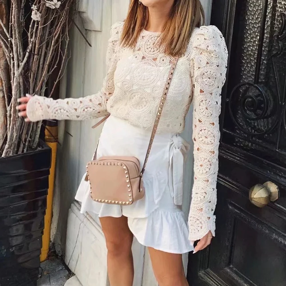 Винтажные женские бежевые кружевные рубашки 2020 модные трикотажные Блузы с