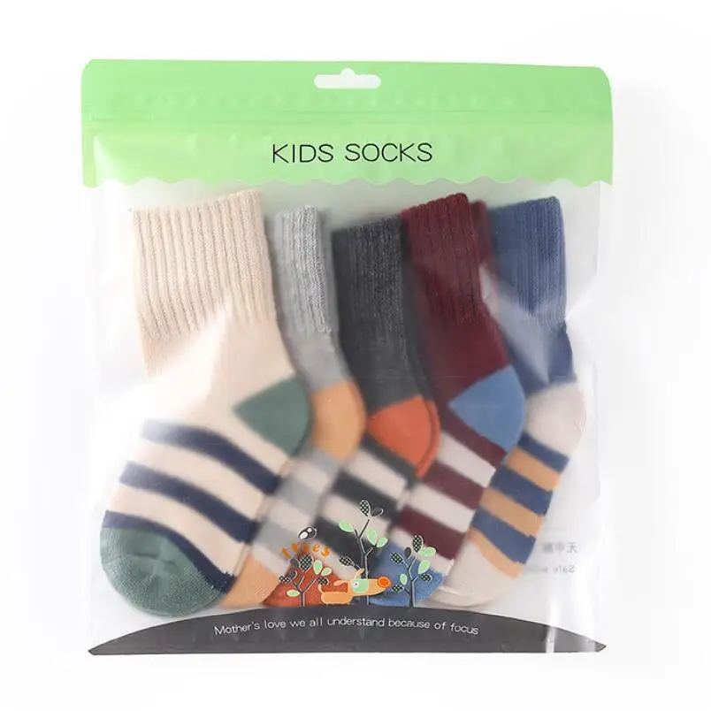 Kids Solid Striped Cotton Thick Crew Socks Folded Cuff Children Grey Knee-high Socks Ankle Socks Warm Winter Socks 5 Pairs/lot