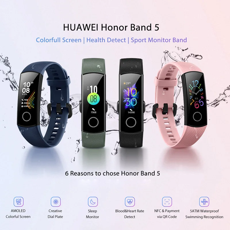 Браслет Honor Band 5 Band 5, умный браслет с кислородом в крови, монитор сердечного ритма в реальном времени, 0,95 дюймов, AMOLED экран, 5 АТМ, водонепроницаемый