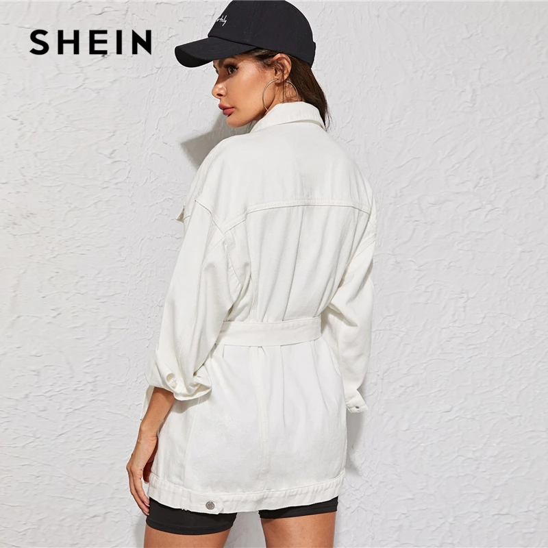 SHEIN белая выбеленная длинная джинсовая куртка с поясом Женская осенне-Весенняя верхняя одежда с воротником на пуговицах