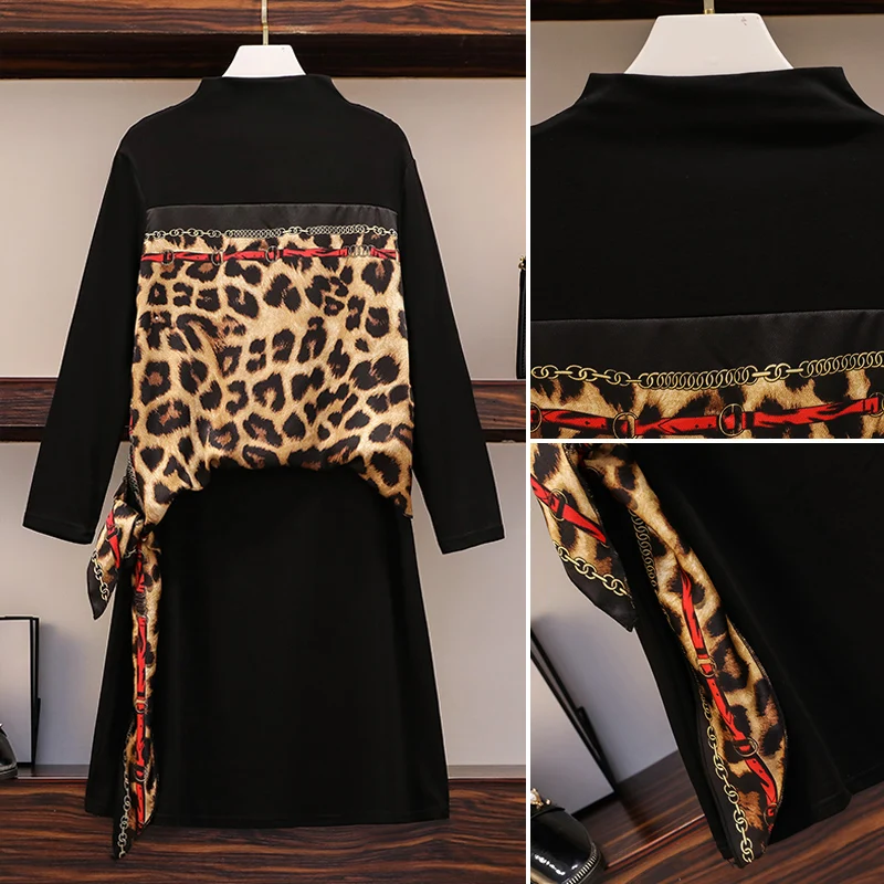 Женское осеннее платье футболка с леопардовым принтом в стиле пэчворк женское