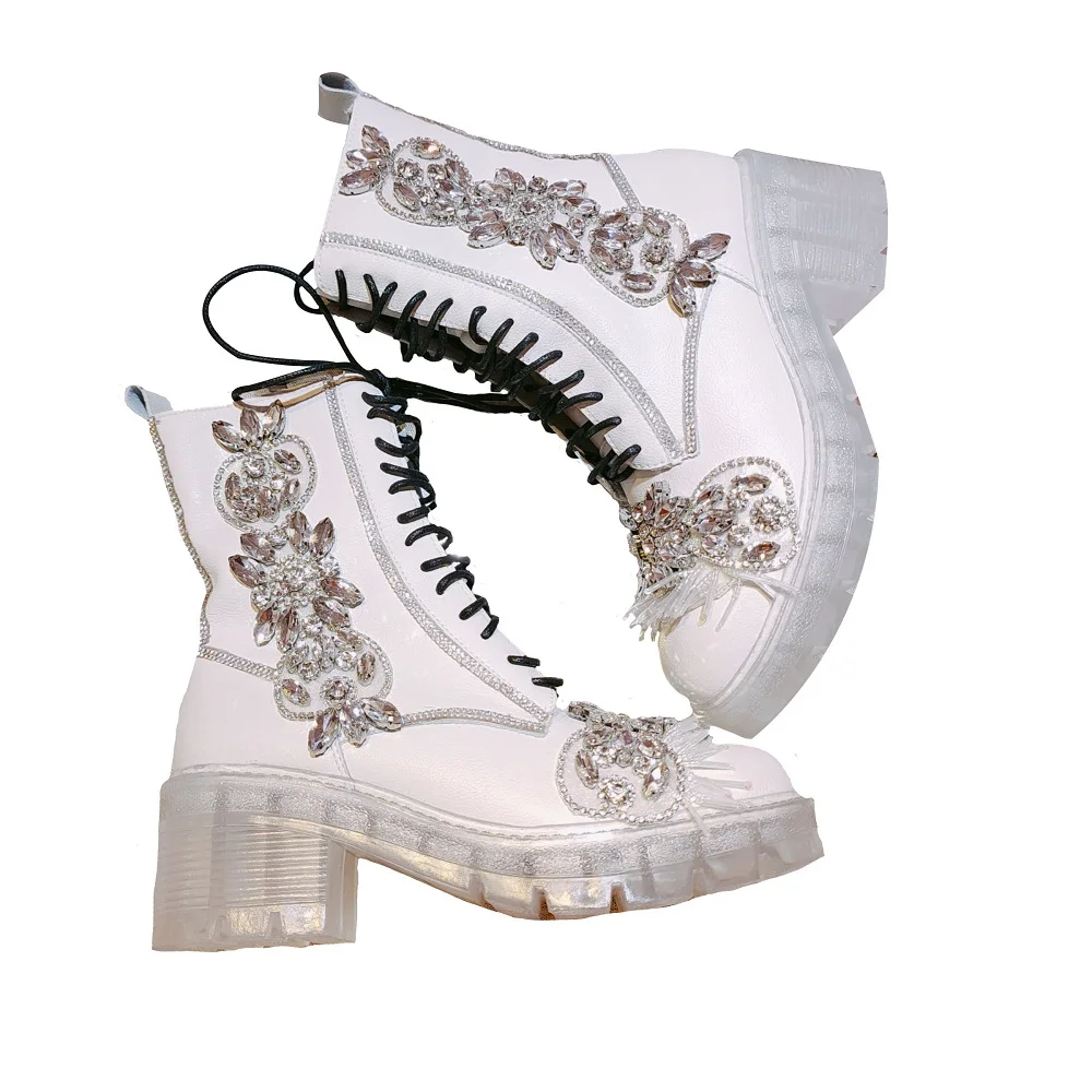 Cristais de Prata Rendas até Strass Salto Alto Martin Botas Mulheres Nupcial Casamento Tornozelo Combate Outono Inverno Sapatos Mulher