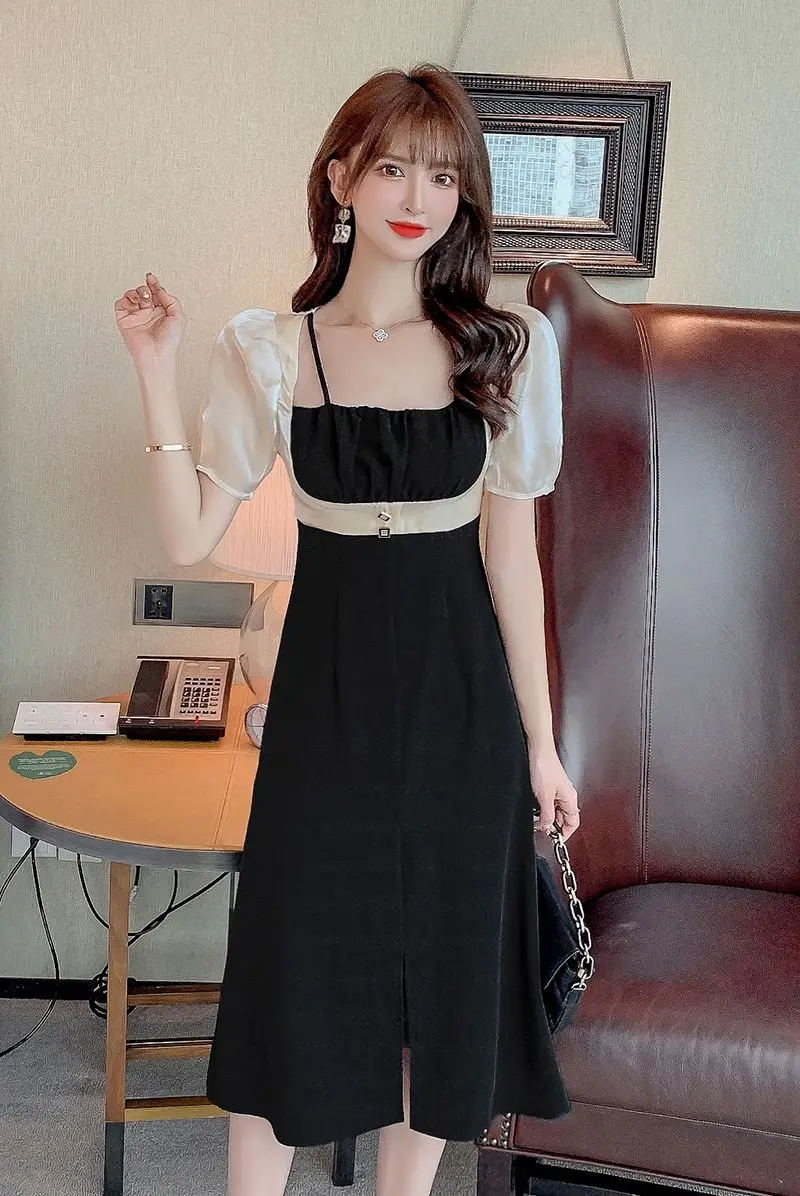 

COIGARSAM Patchwork Women dress New Summer Short Puff Sleeve High Waist Dresses Black 9516
