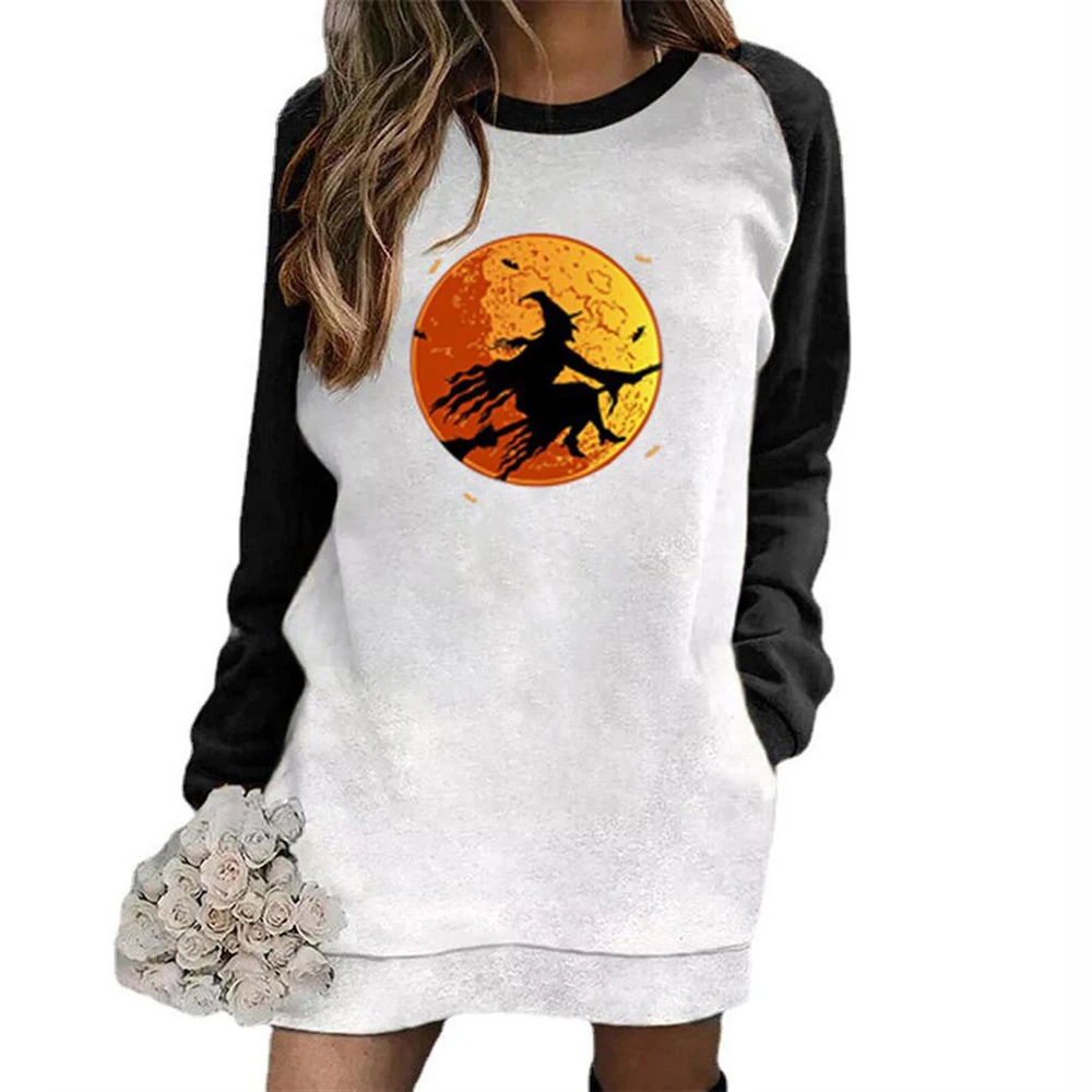 

Halloween Moon Print Sweatshirts Loose Round Neck Long Sleeve Pocket Patchwork Casual Spring Autumn Fashion Vintage Sweatshirt