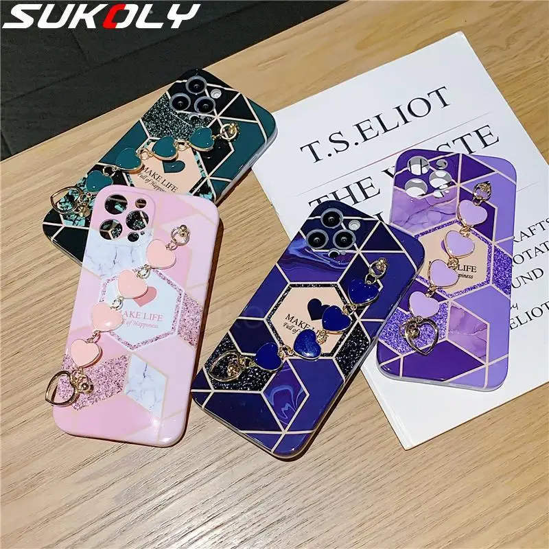 

For iPhone 12 11 Pro Max XS XR 8 7 Plus Glitter Splicing Geometry Marble Soft Back Cover Colorful Love Heart Bracelet Phone Case