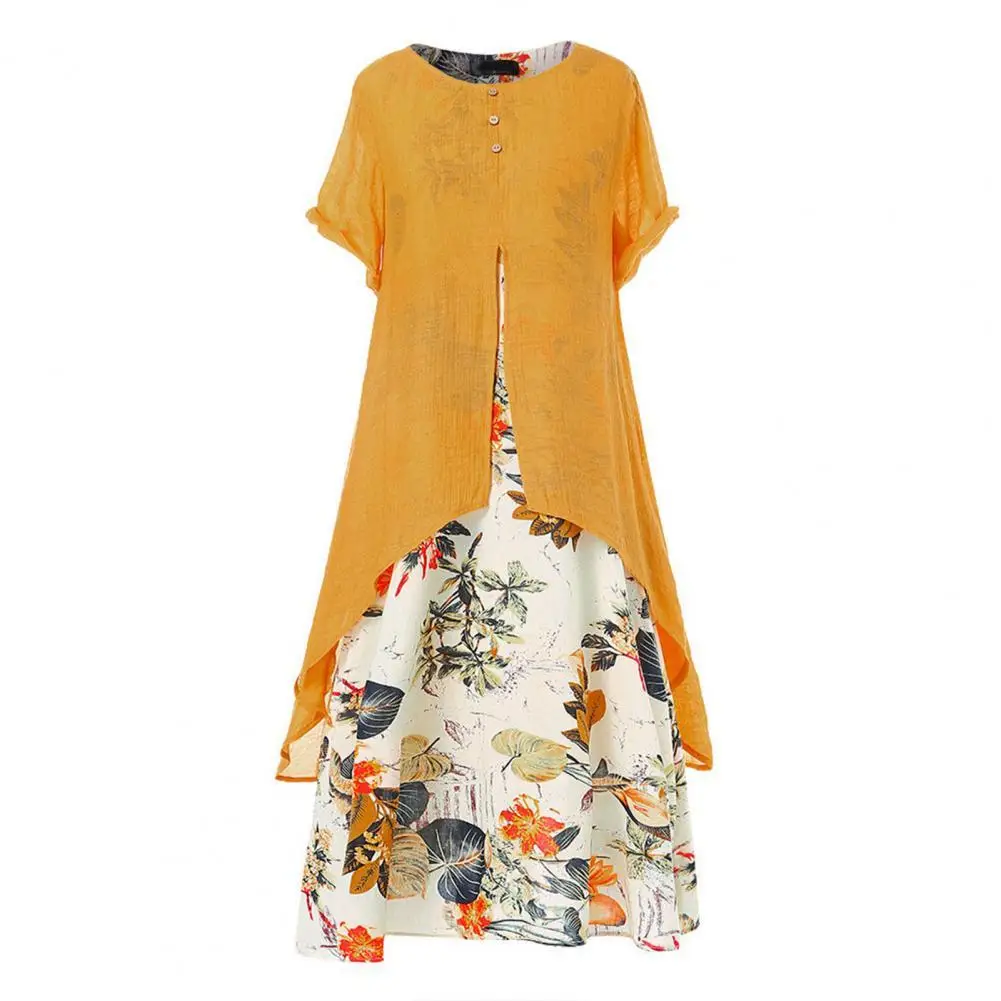 

80%HOT Women Dress Floral Print Breathable Linen Blend Pacthwork Long Dress for Holiday