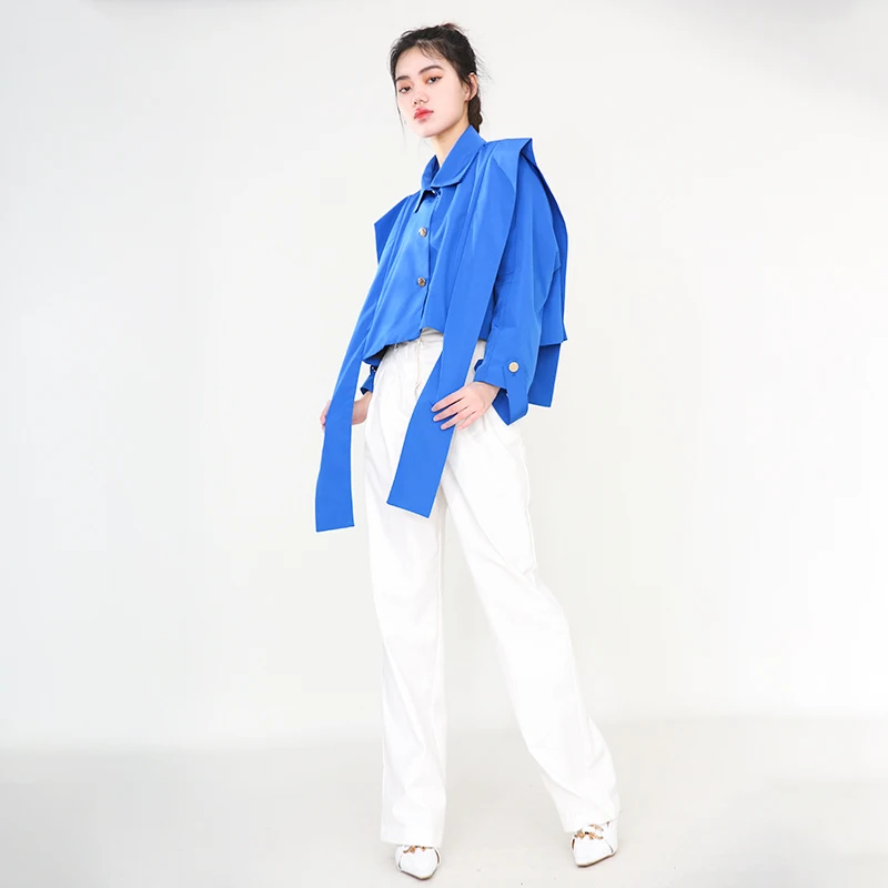 

[EAM] Loose Fit Blue Ribbon Short Big Size Jacket New Lapel Long Sleeve Women Coat Fashion Tide Spring Autumn 2021 JH36005