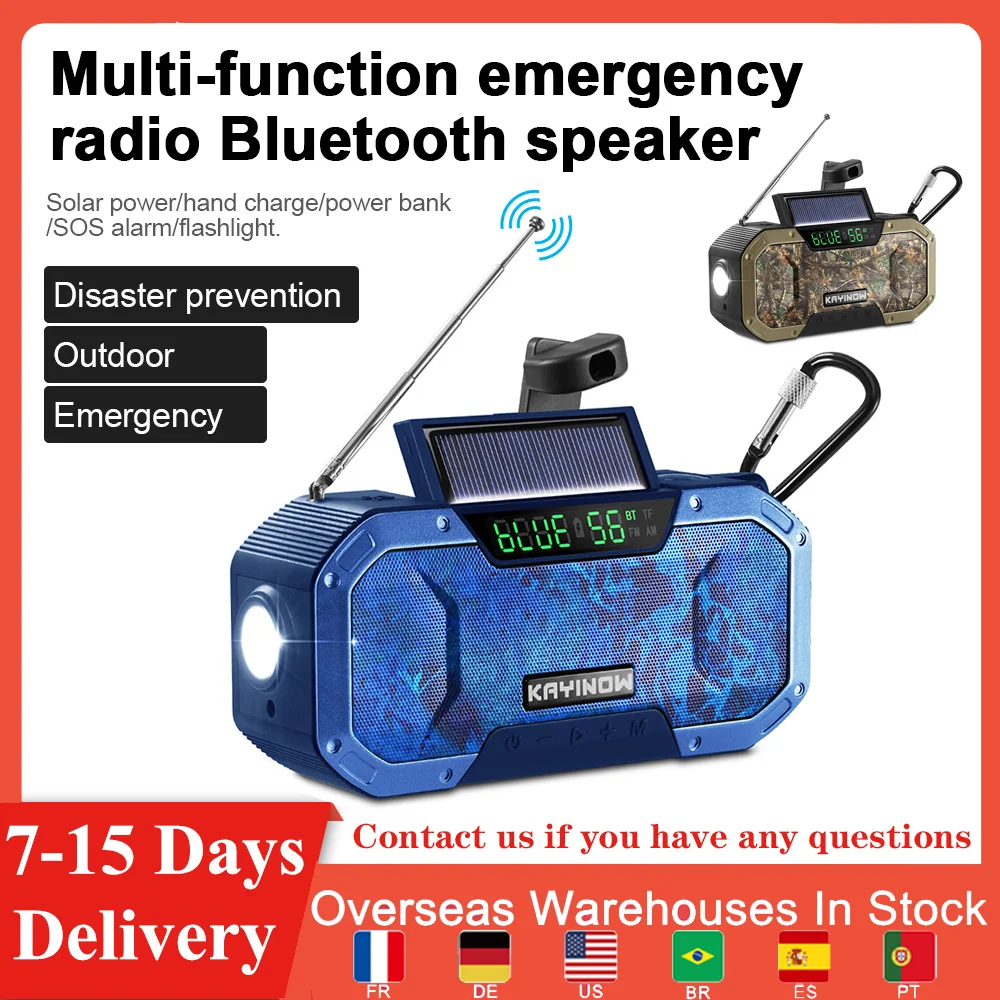 

Портативное солнечное радио с ручным управлением, Многофункциональный Bluetooth-совместимый динамик, AM/FM-радио со светодиодным фонариком, мощн...