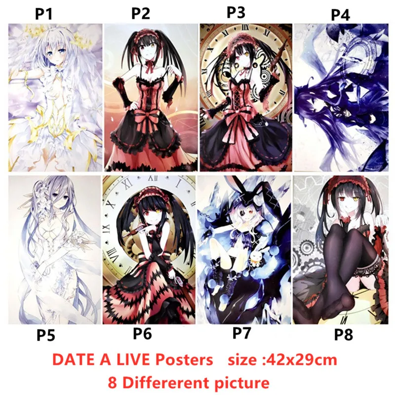 

DATE A LIVE Kurumi Kaguy Tohka Tenka Origami Kotori Yoshino Mio Posters stickers size 42x29CM 8 different Picture Embossed