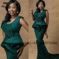 2021 aso ebi mermaid hunter green prom evening dresses sleeveless appliques lace pealrs african girls evening party long