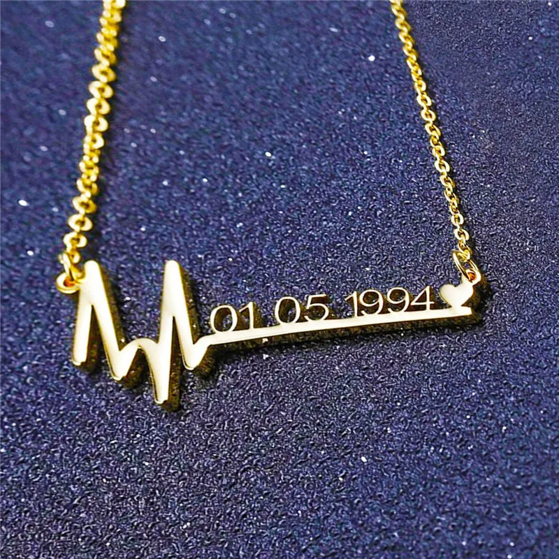 

Hearbeat Birthday Date Year Necklace For Women Geometric Electrocardiogram Heart Stainlss Steel Bijoux Femme Gold Choker Chain