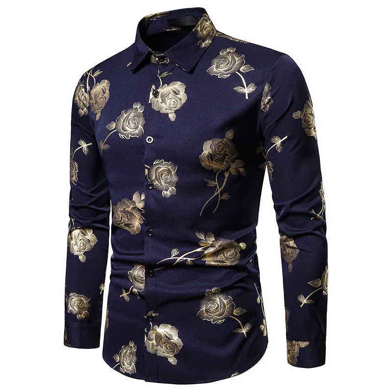New Men Hipster Luxury gold Rose Bronzing Printed Long Sleeve Dress Shirt wedding Night club Hip hop party Slim Shirts
