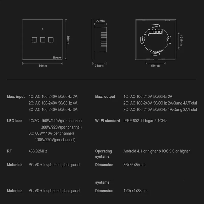 Itead Sonoff T3 EU 86 Размер 1/2/3 gang TX Series 433 МГц RF дистанционное управление Wifi переключатель