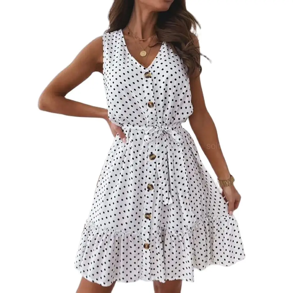 

New Design Good Quality Factory Price Fashion Hot Selling Women's Polka Dot Button Waist V-Neck Sleeveless Dress