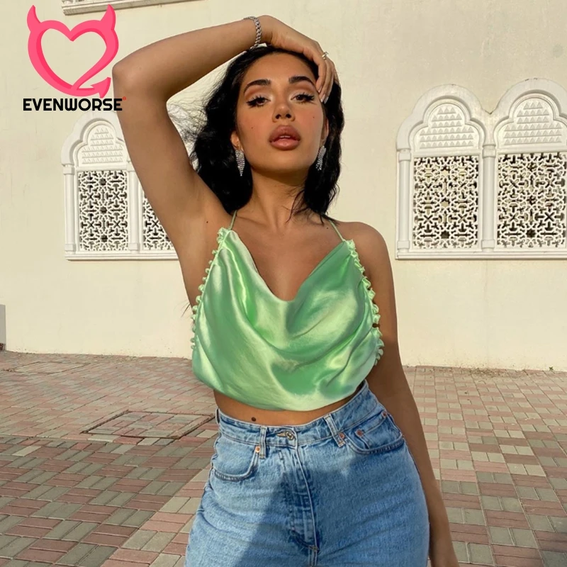 Женский Атласный топ с открытой спиной bomblok зеленый бандажный вечерние лето