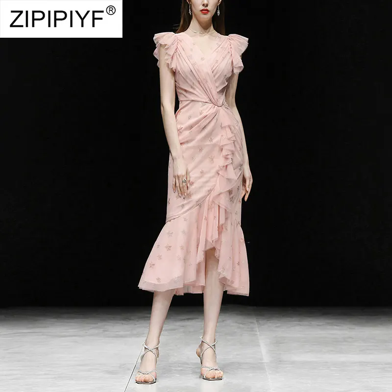 

2021 Summer Runway Fashion Sexy Women Lace Gauze Patchwork Sequined Sleeveless Embroidery Ruffle Design Fishtail Dresses Z079
