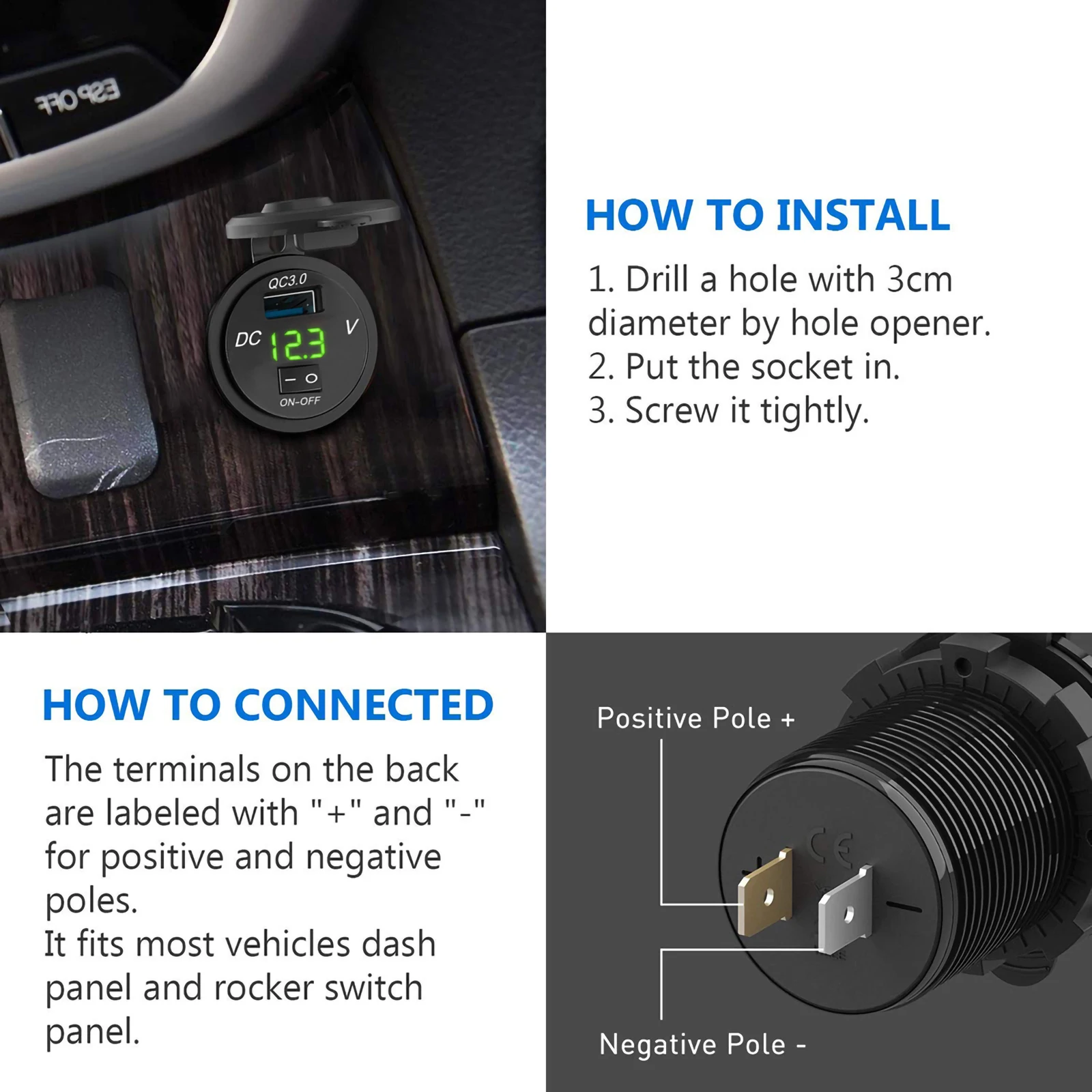qc 3 0 car motorcycle usb charger socket power outlet led digital voltmeter 12v 24v boat motorcycle cigarette lighter sockets free global shipping