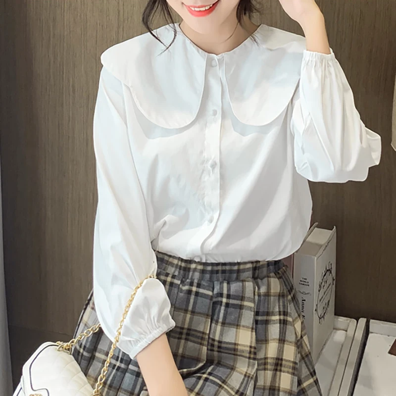

White Chiffon Women's Shirts Blouses Peter Pan Collar Long Sleeve Single Breasted Cute Korean Autumn Blouse Blusas Mujer Tops