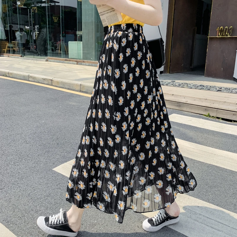 

Женская шифоновая юбка с цветочным принтом, Повседневная трапециевидная юбка до середины икры с эластичным поясом, модель B502 в Корейском ст...
