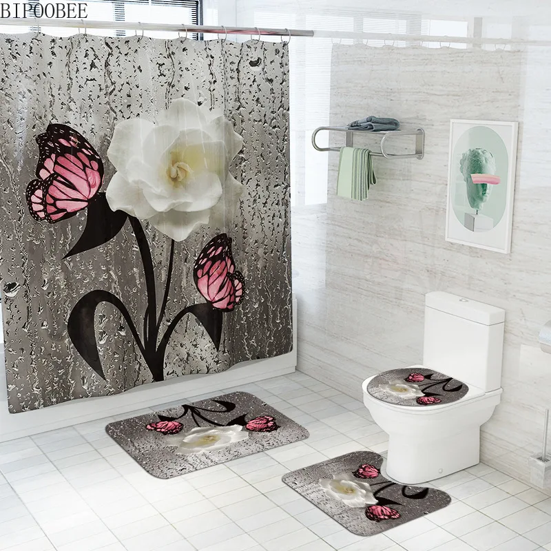 

White Rose Pink Butterfly Shower Curtains Bathroom Curtain Pedestal Non-slip Carpet Flannel Toilet Cover Bath Mat Rug Home Decor