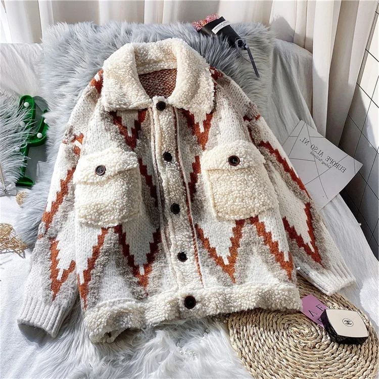 

Korean Style Knitted Cardigan Large Size Single Breasted Women's Striped Print Sweater Coat