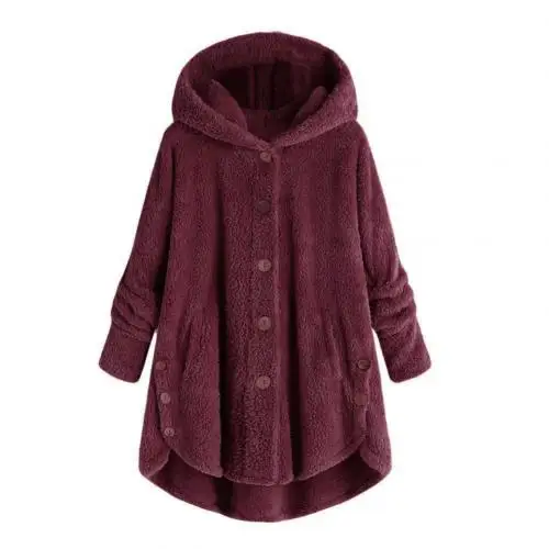 Wine Red Новое поступление зимние женские однотонные пальто с длинными рукавами и пуговицами теплый Пушистый пуловер с капюшоном - Цвет: Wine Red