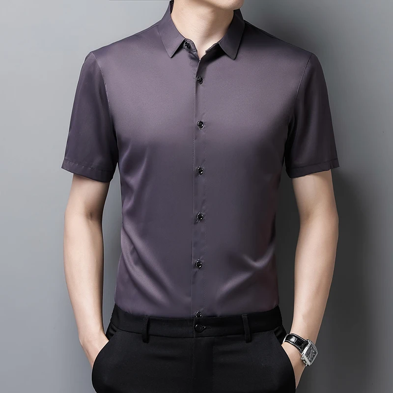 Мужская классическая шелковая рубашка синяя гладкая большого размера