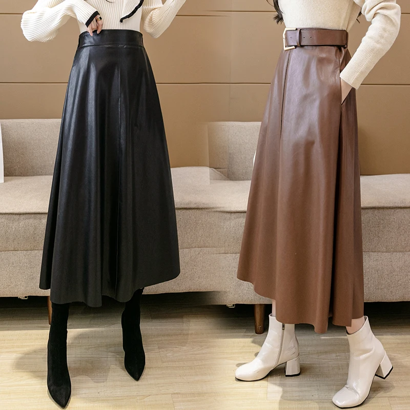 

Юбка женская с завышенной талией, модная юбка из искусственной кожи на шнуровке, с поясом, до середины икры, трапециевидная юбка-зонтик, офис...