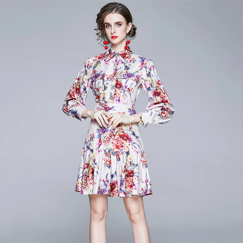 

Spring Autumn Piece Skirt Set Women Floral Print Vintage Holiday Sets Womens Casual Elegant Shirt Tops + Ruffle Mini Skirts