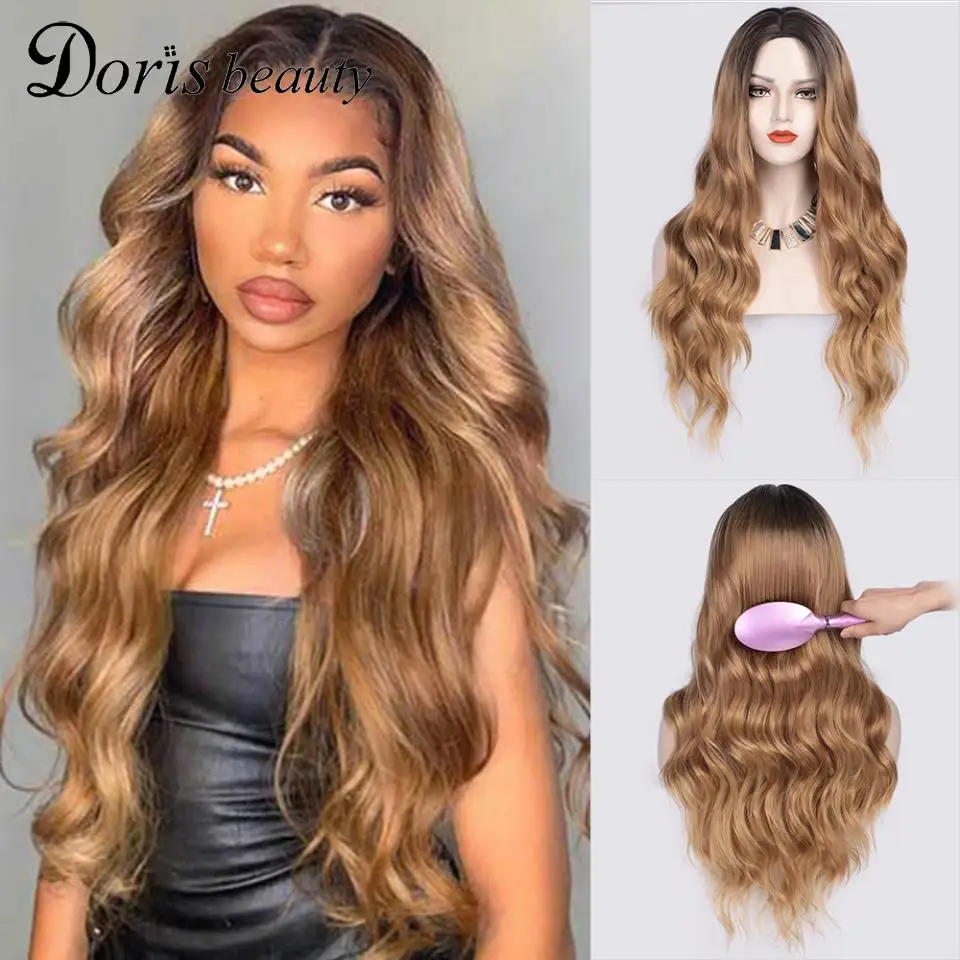 

Doris Beauty Ombre Grey Long Wavy Cosplay Wig Body Wave Synthetic Wigs for Black Women Middle Side Part Blonde Hair Red Pink