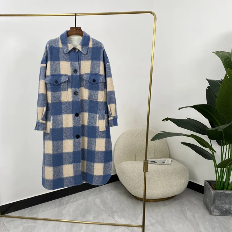 

Женское пальто в клетку с отложным воротником, теплое длинное шерстяное пальто в синюю, фиолетовую, бежевую клетку большого размера с длинн...