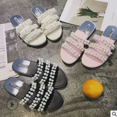 Женские шлепанцы летние пляжные обувь с жемчужинами однотонные на резиновой