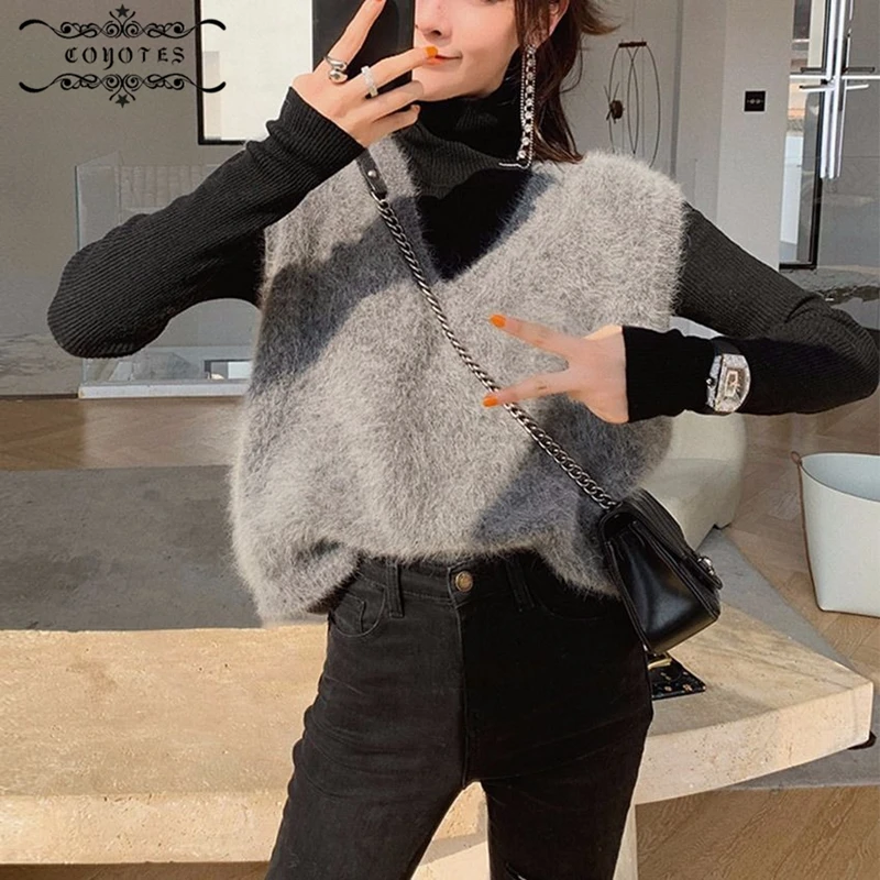 

Sweater Vest Women Fluffy Soft Solid V-neck Sweaters Vests Womens Warm Simple Korean-style Loose Leisure Fashion Street-wear