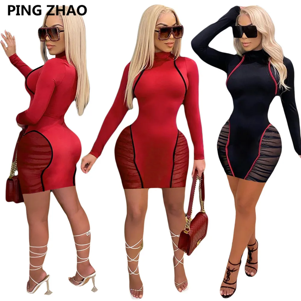 Пинг Чжао Осень Сетки Лоскутное облегающее платье миди для Для женщин уличная