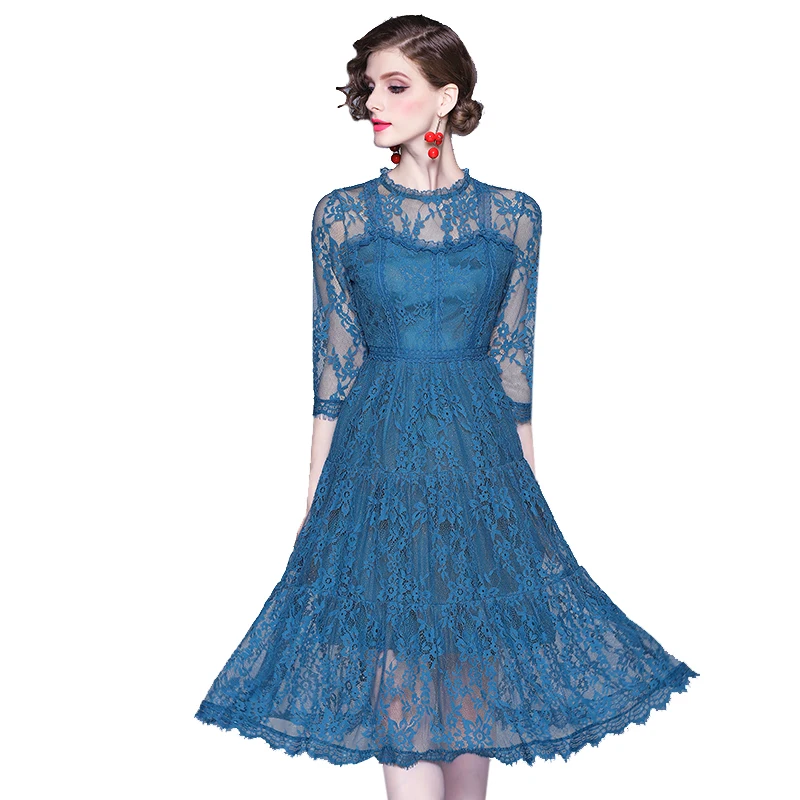 

TAOYIZHUAI new summer midi leisure dress A line casual style rond neck hollow out floral irregular hem three quarter dress