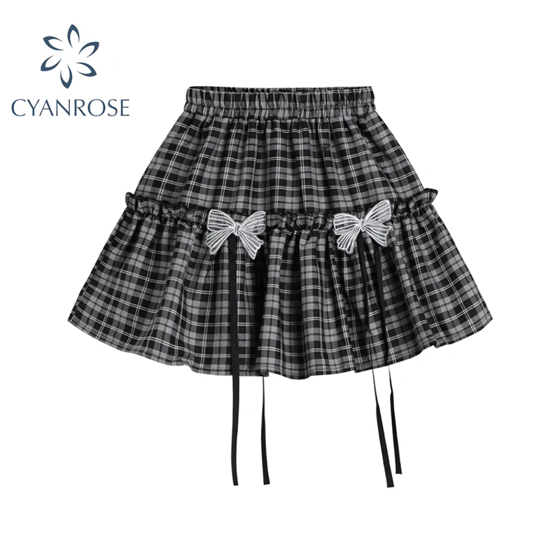 Японская кавайная черно белая клетчатая юбка в стиле Харадзюку Женская мини панк