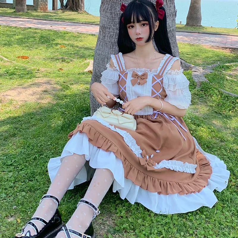 

Новинка, длинный сарафан в японском стиле Харадзюку, Лолита, женское милое Бандажное платье в готическом стиле, мягкое облегающее платье JSK ...